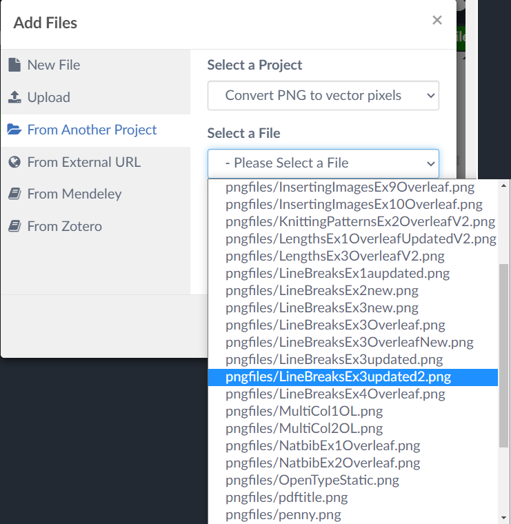 Uploading a file from another Overleaf project